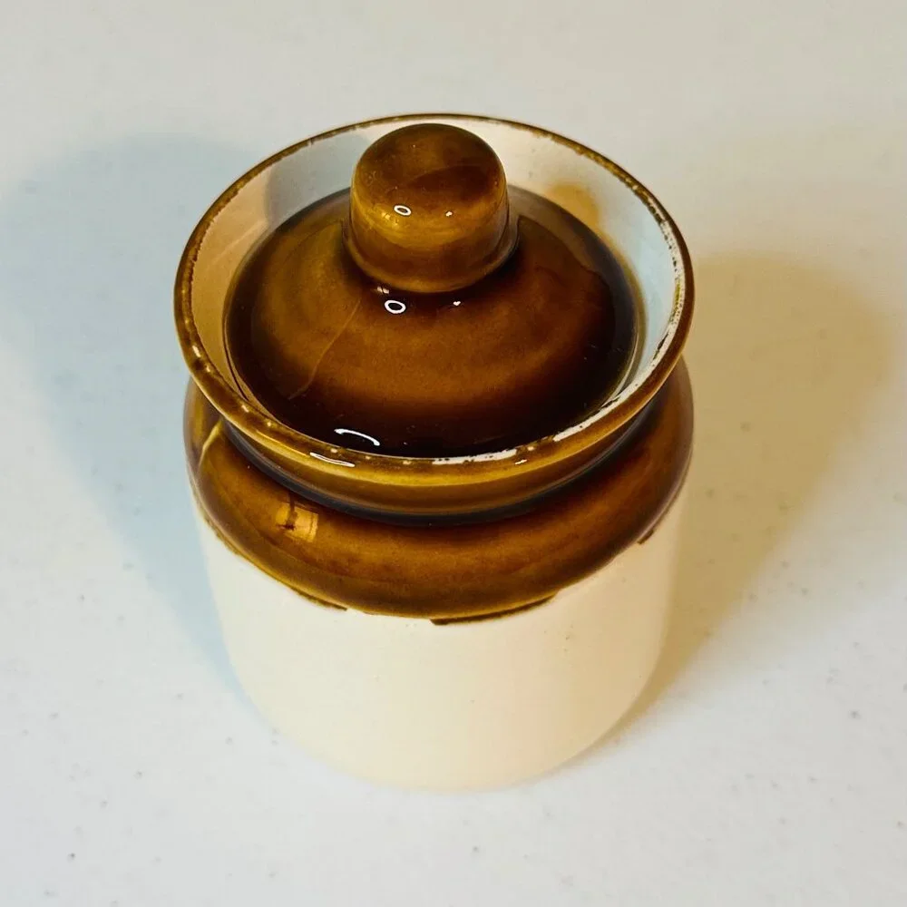 Small Brown and Off-white Ceramic Stoneware Jar With Lid Vintage look Farmhouse